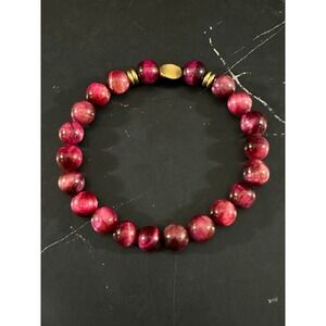 Pink Tigers Eye Beaded Stretch Bracelet with Gold Accent Beads